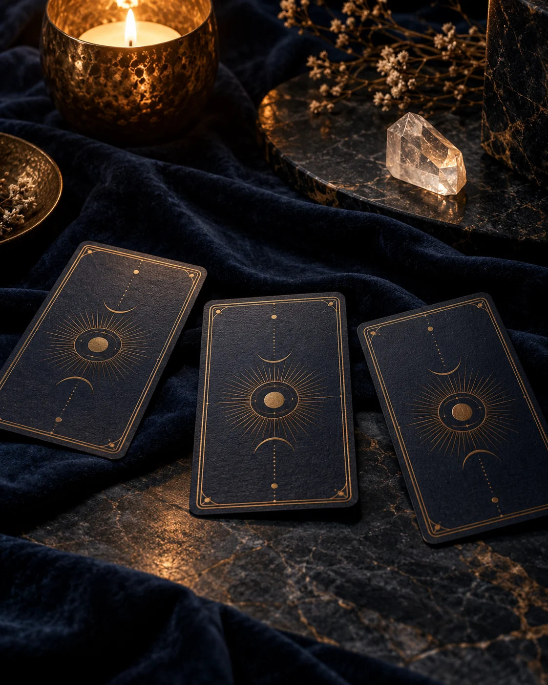Composición ilustrativa de cartas, un cuarzo y luz de vela